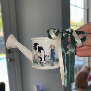Charming Vintage Hand painted Farmhouse Watering Can with Cow Design